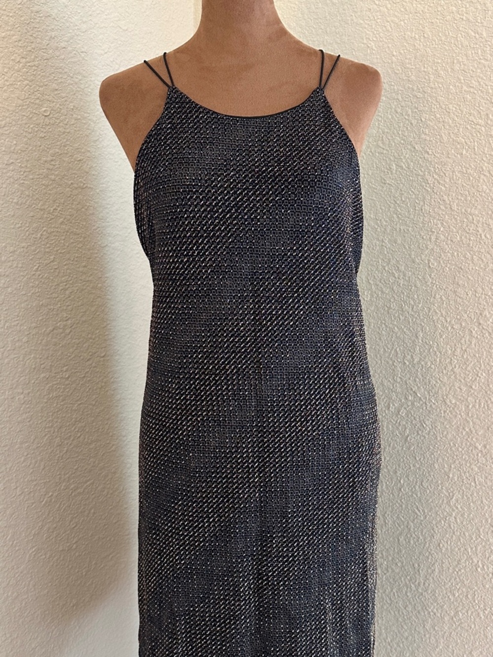 NWSleek Black Textured Slip Dress with Double Spaghetti Straps